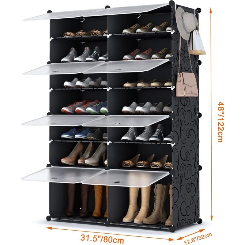 Meuble Chaussure, 7 Niveaux Rangement Chaussure 28 Paires Etagere Chaussure Avec Porte, Armoire a Chaussures Pour Entrée Salon Chambre, Noir - Aiducho