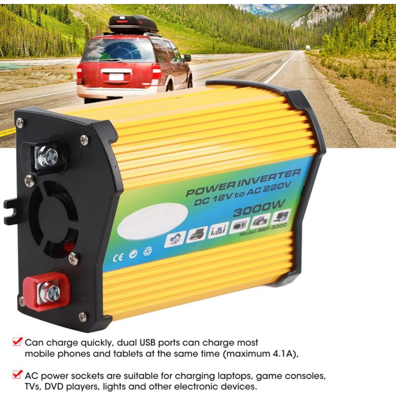 AIDUCHO Onduleur De Voiture Double Usb 300w, Convertisseur De Puissance, Adaptateur D'onde Sinusoïdale Modifiée Pour Les Voyageurs (12v À 220v)