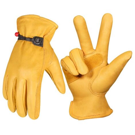 AIDUCHO Paire De Gants De Travail En Cuir- Pour Hommes - Avec Serrage De Poignet À Balle Et Ruban Adhésif - En Fibre De Peau De Vache, Jaune M