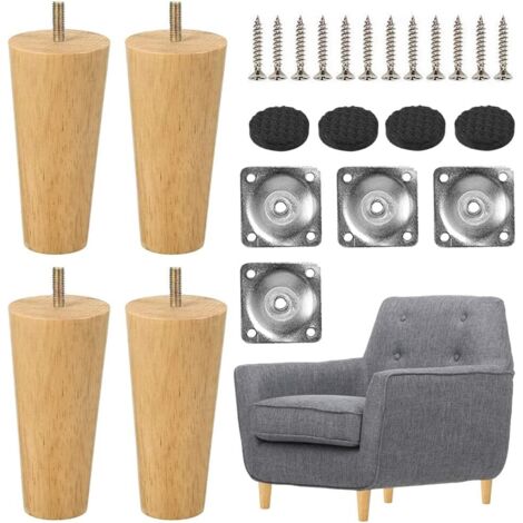AIDUCHO Pieds De Table En Bois De 8 Cm Lot De 4 Pieds De Meubles En Bois Massif Coniques Pieds De Meubles De Rechange Avec Plaques De Montage Et Vis Pour Canapé-Lit Armoire Canapé Chaise (Vertical)