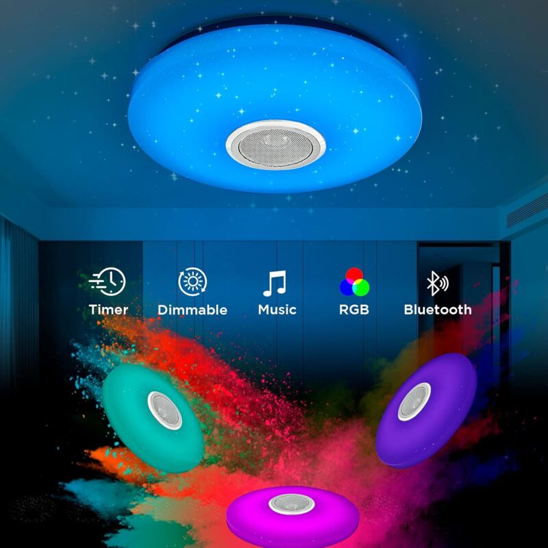 Plafonnier led 36W Dimmable,Haut-parleur Bluetooth, Lumière avec Télécommande/App Contrôle, Changement de Couleur RGB,Lampe de Plafond pour