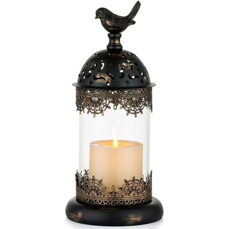 AIDUCHO Porte Bougie Pilier Porte Bougeoirs Ouragan Antique Avec Couvercle En Verre Affichage Bougeoir Noir Rustique Pour La Décoration Dîner Chandelles De Fête Noël À La Maison Mariage - 1 X Petit