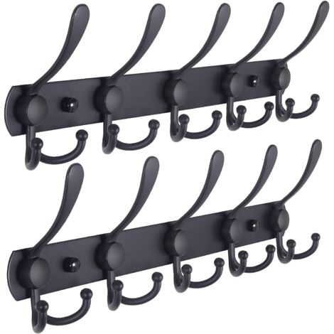 AIDUCHO Porte-Manteau Mural - 5 Crochets Triples, Robustes, Acier Inoxydable, Rail De Crochet En Métal Pour Porte-Manteau, Porte-Serviettes, Porte-Monnaie, Robes D'entrée De Salle De Bain (Noir, 2 Paq
