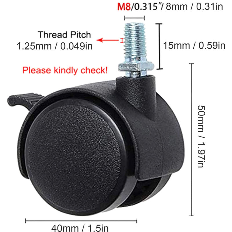 Aiducho - Roulettes Pivotantes Pour Meubles De Bureau, 4 Pièces, Roues De Remplacement En Plastique Nylon Avec Frein Noir