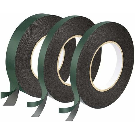 Aiducho – Ruban adhésif double face 12 mm et 25 mm – Lot de 3 rouleaux de 10 m – Mousse PE imperméable pour applications variées - Noire12