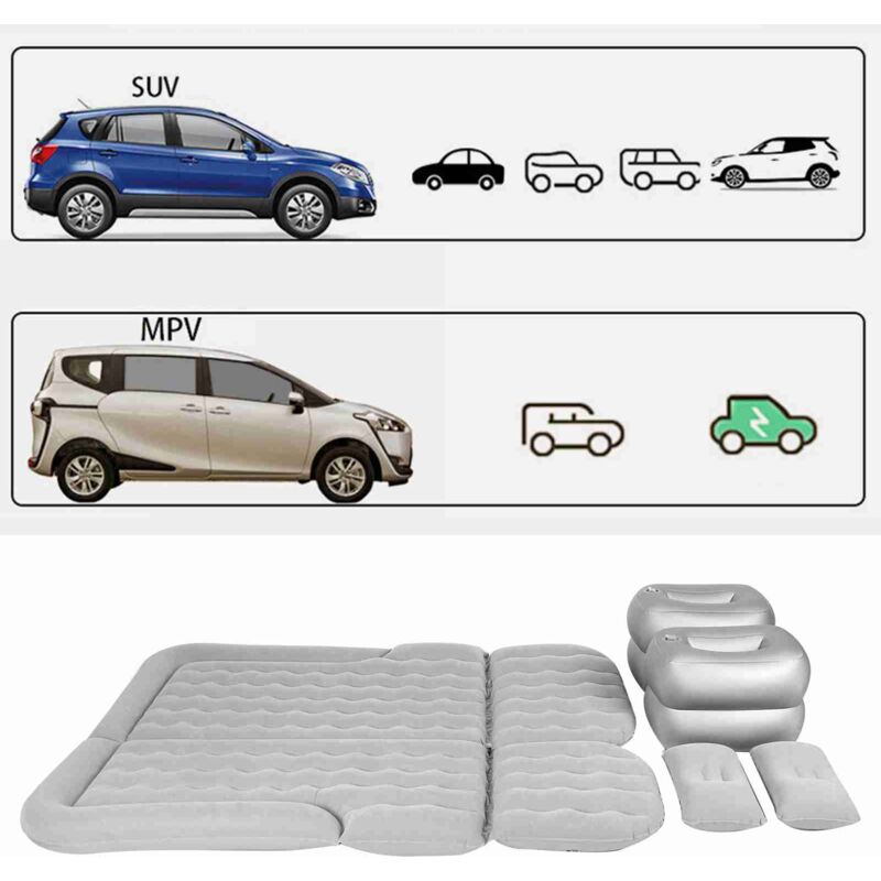 Suv Matelas gonflable pour voiture - Matelas gonflable amovible - Matelas gonflable plus épais - Pour camping - Avec 2 coussins et pompe - gris