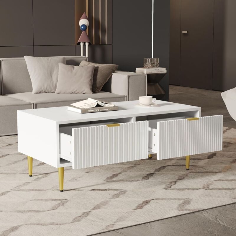 aiducho - tables de salon, table basse moderne blanche avec accents dorés, 2 tiroirs, design à rayures verticales, 100 x 50 x 40 cm, table basse,