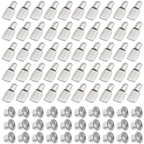 AIDUCHO Taquet Etagere, 50 Pièces Metal Nickelé Acier Inoxydable Taquets pour Étagères pour Armoire à Meubles Support De Bureau Accessoires (5mm)