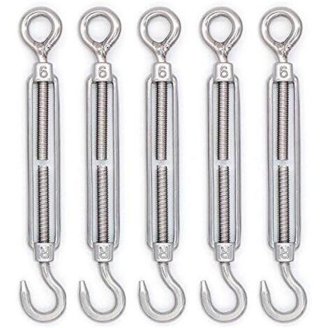AIDUCHO Tendeur Cable Crochet M6 (Crochet et Oeil), Tendeur Fil Acier/Tendeur Cable INOX en Acier Inoxydable 304 pour Fil a Linge, Cable Acier, Corde Acier - Lot De 5