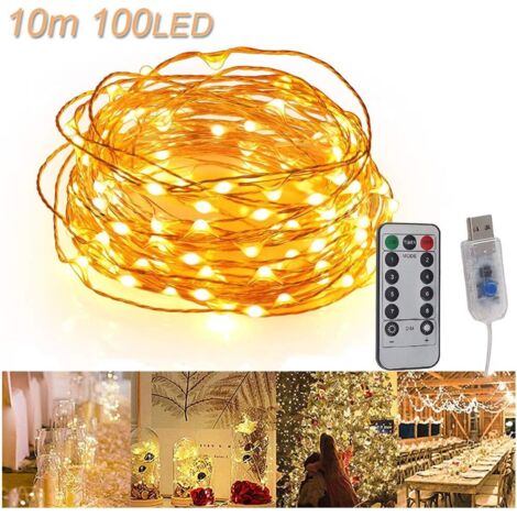 AIDUCHO Usb Led Guirlandes Lumineuses 10m 100 Led De Fil De Cuivre Télécommandé Guirlandes Imperméables De Lumières D'humeur Ip65 - Blanc Chaud