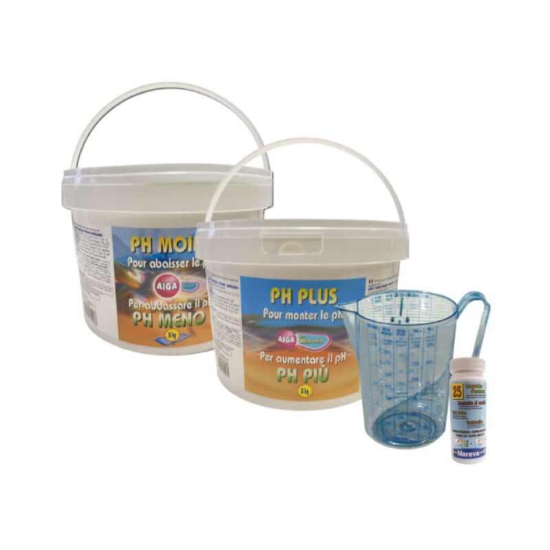 

MAREVA pack de equilibrado para el agua de la piscina - Reductor de pH - Reforzador de pH - Revacil tabs - Jarra me - Aiga