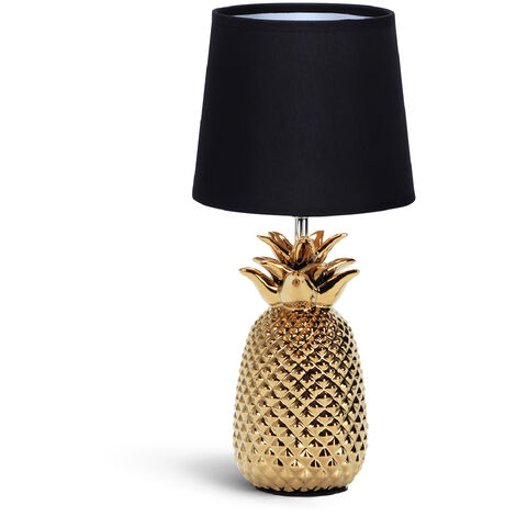 Aigostar 197193 - Lámpara de Cerámica, casquillo E14. Forma de piña, Dorado. Lámpara de Mesa o Mesita de Noche, Pantalla de Tela, Lámpara Escritorio Diseño moderno para Dormitorio, Estudio, Salón etc