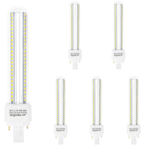 Aigostar - 2 Pines Bombilla PLC 2U, tubo de 15 W, Maiz G24, Luz fría 6400K, 1800Lm, No regulable, Pack de 5 Bombillas LED