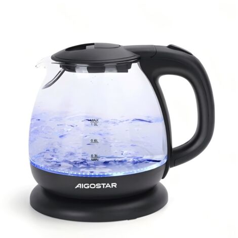 Aigostar 2200W Mini bouilloire électrique en verre 1L, bouilloire en verre borosilicate avec lumière bleue, arrêt automatique