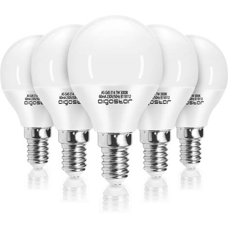 Aigostar Bombilla LED E14,7W Equivalente a 43W,Luz Cálida 3000K,520 Lúmen,Bombillas Casquillo Fino,Ahorro de Energía,No Regulable,G45,Pack De 5[Clase de eficiencia energética A+]