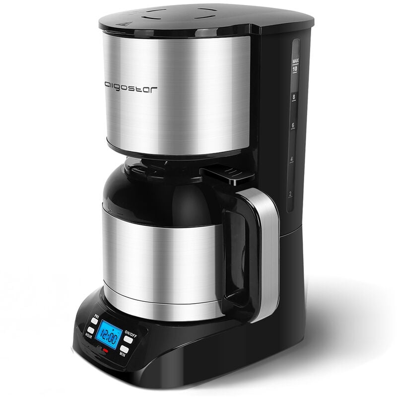 Aigostar - Bonnie - Cafetera de goteo con filtro extraíble de acero inoxidable. 800W, pantalla lcd, Programable 24h, 1,2 litros capacidad, 10 tazas.