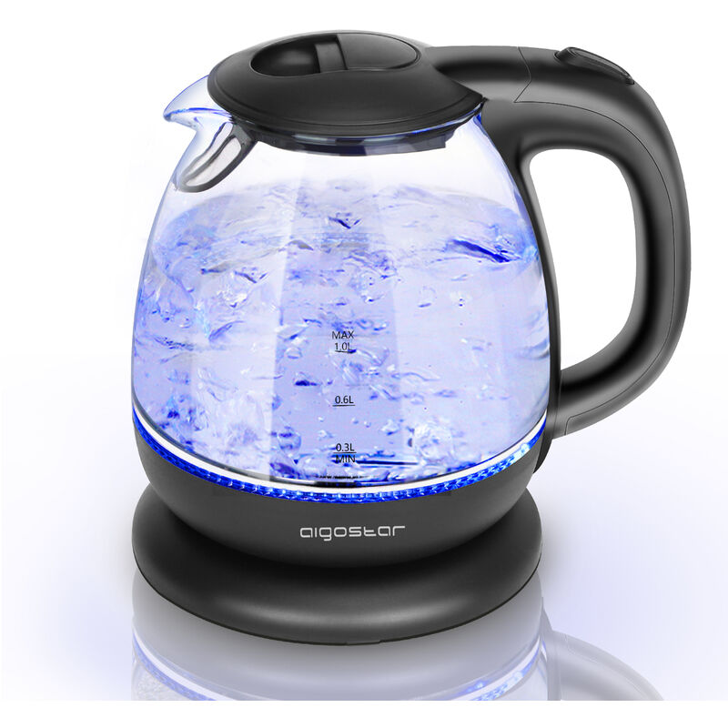 Elfin - Bouilloire compacte de 1L et 2200W. Mini bouilloire en verre borosilicaté avec illumination led bleue. Arrêt automatique et protection contre