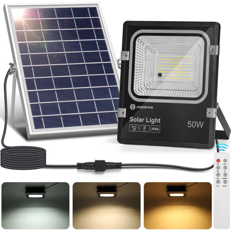 Image of Faro led esterno con pannello solare,50W,dimmerabile,Faretto solare esterno con telecomando e timer,IP66,grande pannello solare e batteria di grande