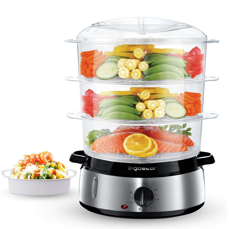 Aigostar - Fitfoodie Steel - Cuiseur vapeur électrique 0% bpa. Puissance de 800W, minuterie, 3 niveaux indépendants de cuisson et base en acier
