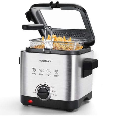 Aigostar Fritteuse, Mini Fritteuse, Temperaturkontrolle und Sichtfenster ,Easy Clean, Edelstahl-Korb, 1,5 Liter groß,1000W