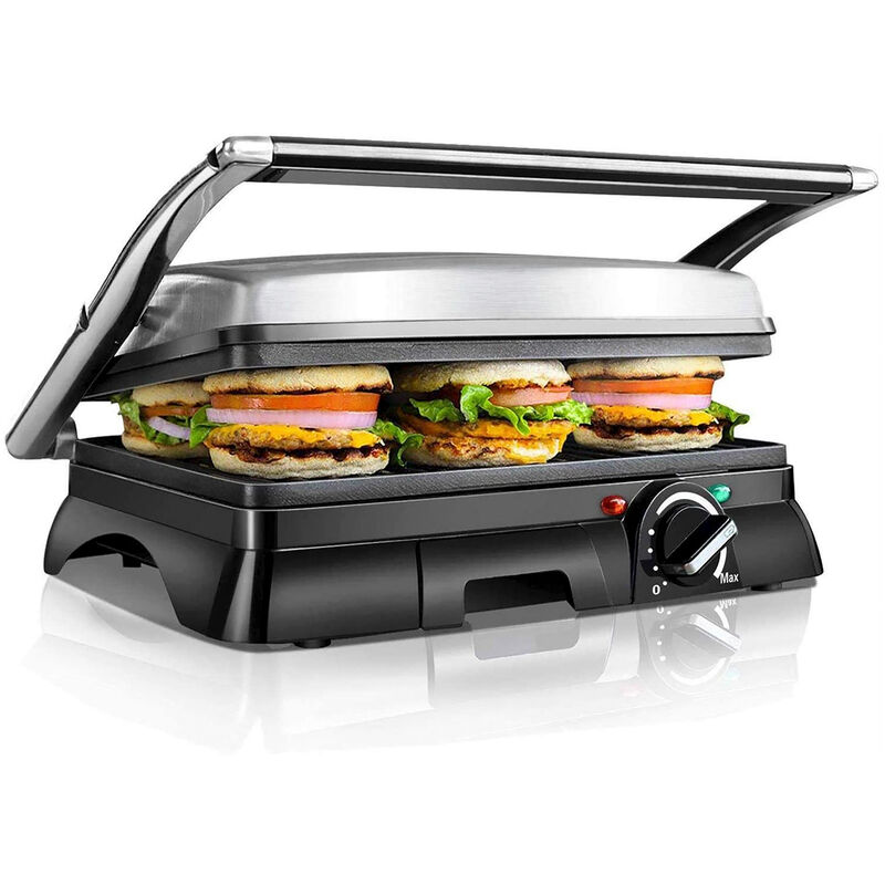 Samson - Gril, presse paninis et sandwichs de 2000W. Plaques antiadhérantes xl, ouverture à 180º, thermostat. Bac à graisse amovible, poignée