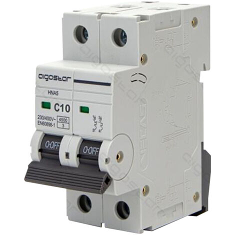 Aigostar Interruptor Automático Magneto Térmico, 2P, 10A, Curva C, 74.5mm x 35.5mm x 81mm, Blanco