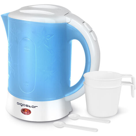 Aigostar Kleiner Wasserkocher 0,6 Liter Mini Kettle, BPA-Frei, Kompakt Reisewasserkocher Set, Inklusive 2 Tassen und 2 Teelöffel, Leicht, Teekocher mit Kalkfilter, Weiß Blau