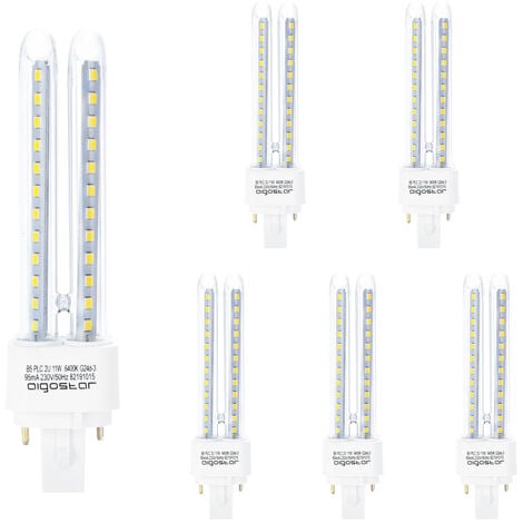 Aigostar - Pack de 5 Bombillas LED PLC 2U, tubo de 11 W Maiz G24 2 Pines, Luz fría 6400K, 935Lm, No regulable