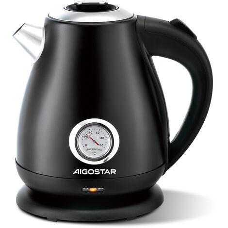 Aigostar Retro Electric Kettle with Temperature Gauge, 1.7L Stainless Steel Kettle, Fast Boil Water Kettle for Kitchen Office, Boil Dry Protection, BPA Free, 2200W, Black - Adrian 30A0S