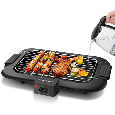 Aigostar Tasty - Grill sin humo, plancha de asar, barbacoa eléctrica para interiores, 2000W, tamaño compacto, uso con agua: evita manchas y humo, bandeja recoge grasa, termostato.