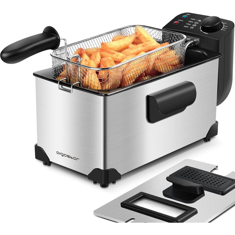 Aigostar - Ushas - Friteuse 3L, 2200W. En acier inoxydable 304 et cuve amovible pour vider l'huile. Sans bpa, avec couvercle anti-éclaboussures et