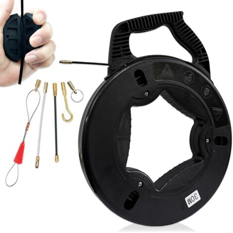 Aiguille Électricien 30m Tire Fil en Fibre de Verre Tire Fils Electrique Kit Fish Tape avec Boîtier Poignée Outil Extraction Câble Flexible pour Murs Conduits Installation Câbles Électriques