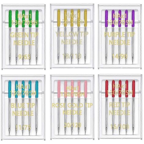 Aiguilles à coudre pour machine à coudre, pointe standard, tige plate, 6 tailles - Lot de 30