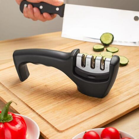 Aiguiseur de couteau, aiguiseur de lame, aiguiseur manuel à 3 niveaux pour polir, affûter et réparer les couteaux de cuisine, couteaux de cuisine, accessoires pour couteaux de cuisine