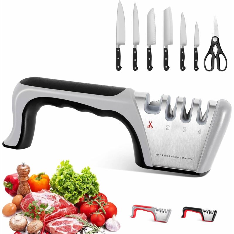 Aiguiseur de couteaux professionnel, aiguiseur à 4 niveaux avec aiguiseur de ciseaux, aiguiseur de couteaux manuel, mouture grossière, mouture