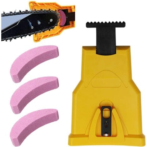 Aiguiseur de Dents Pour Tronçonneuse,Aiguiseur Automatique(1Pcs), Pierre à Aiguiser Remplaçable(3 Pcs), Ajustement Barre de Guidage Avec 2 Trous de Guidage (Jaune)