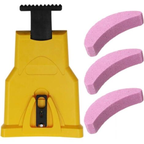 Aiguiseur de Dents Pour Tronçonneuse,Aiguiseur Automatique(1Pcs), Pierre à Aiguiser Remplaçable(3 Pcs), Ajustement Barre de Guidage Avec 2 Trous de Guidage (Jaune)