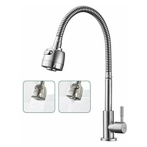AiHom 360 ° drehbarer Küchenarmatur mit Federschlauch, Spültisch-Mischbatterie, Doppelfunktion, Wasserauslass, Einzel-Kaltwasserhahn, gebürsteter Edelstahl