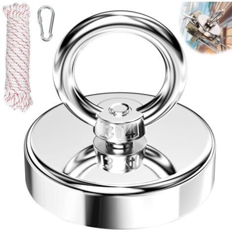 Aimant de Pche Super Puissant, Diamtre 55 mm, Crochet Magntique, Rond Aimant en Pot pour Pche L'Aimant, Rcupration de Rivire, l'aventure en Plein Air avec corde de 4 mm x 10 m