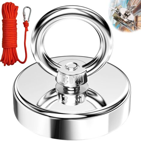 Aimant de Pêche Super Puissant, Diamètre 60 mm 140KG force de traction , Crochet Magnétique pour Pêche À L'Aimant, Récupération de Rivière, l'aventure en Plein Air avec corde de 6 mm x 10 m