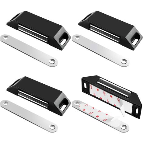 Aimant de Porte Placard Adhesif Lot de 4 Magnétiques de Porte sans Perçage pour Placard de Cuisine Aimant Fermeture Puissant pour Porte de Placard, de Tiroir, d'Armoire, Noir