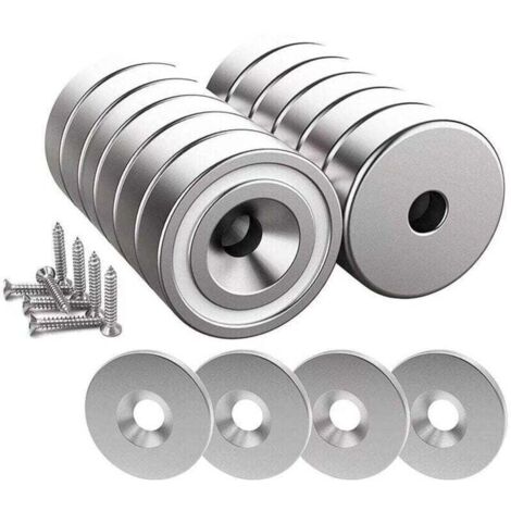 Aimants Néodyme 12 Pièces 10 kg Force 20x7 mm avec Trou Capsule Vis et Coussins Acier Argent Brillant Ortviai