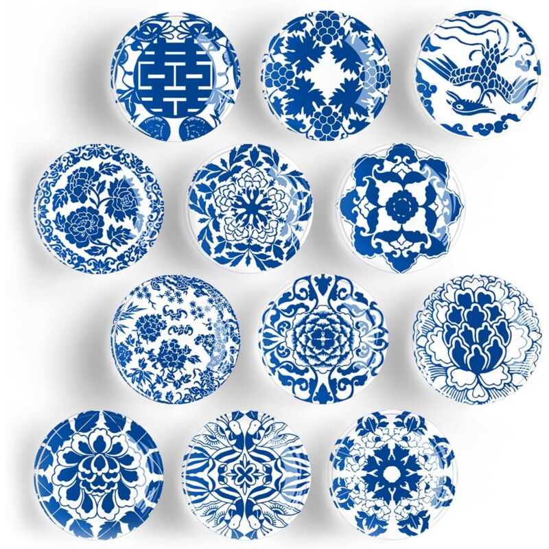 Aimants pour Réfrigérateur, 12 Pièces Aimants pour Tableau Blanc, Magnet de Réfrigérateur Décoratif pour Réfrigérateur (Porcelaine Bleue et Blanche)