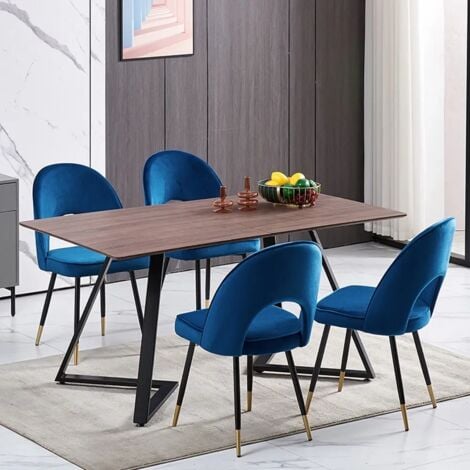 AINPECCA 150cm Dining Table and Chair Set Brown - 4x Blue Velvet Dining Chairs & Wooden Dining Table