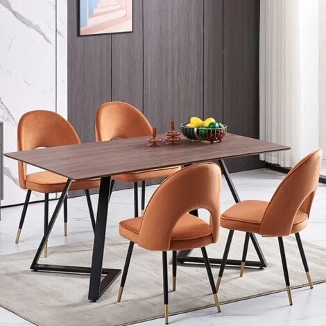 AINPECCA 150cm Dining Table and Chair Set Brown - 4x Orange Velvet Dining Chairs & Wooden Dining Table