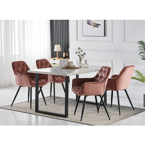 AINPECCA 1.5M White Dining Table and Velvet Chairs 4 Set Padded Chairs Home Kitchen(1 TABLE+4 ROSE CHAIRS)