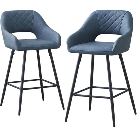 AINPECCA 2pcs Blue-Grey Bar Stool PU Leather Seat w/Backrest &Armrest Metal Leg Kitchen Breakfast
