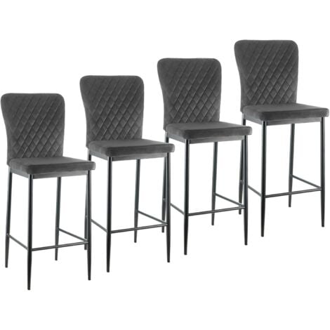 AINPECCA 4 Grey Velvet Breakfast Bar Chairs Counter Kitchen Island Black Metal Legs Footrest Base Dining Room Home Modern High Bar Chair Stools(Grey,4)