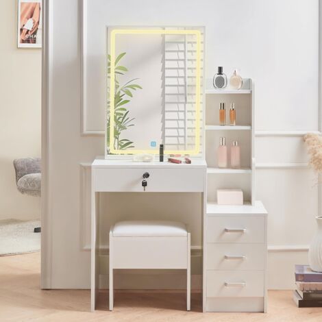 AINPECCA Dressing Table with LED Lights, Vanity Desk with Led Mirror and Drawers, 6 Hidden Shelves, and Stool, Makeup Desk for Bedroom, Modern Makeup Table with Mirror and Chair (White)
