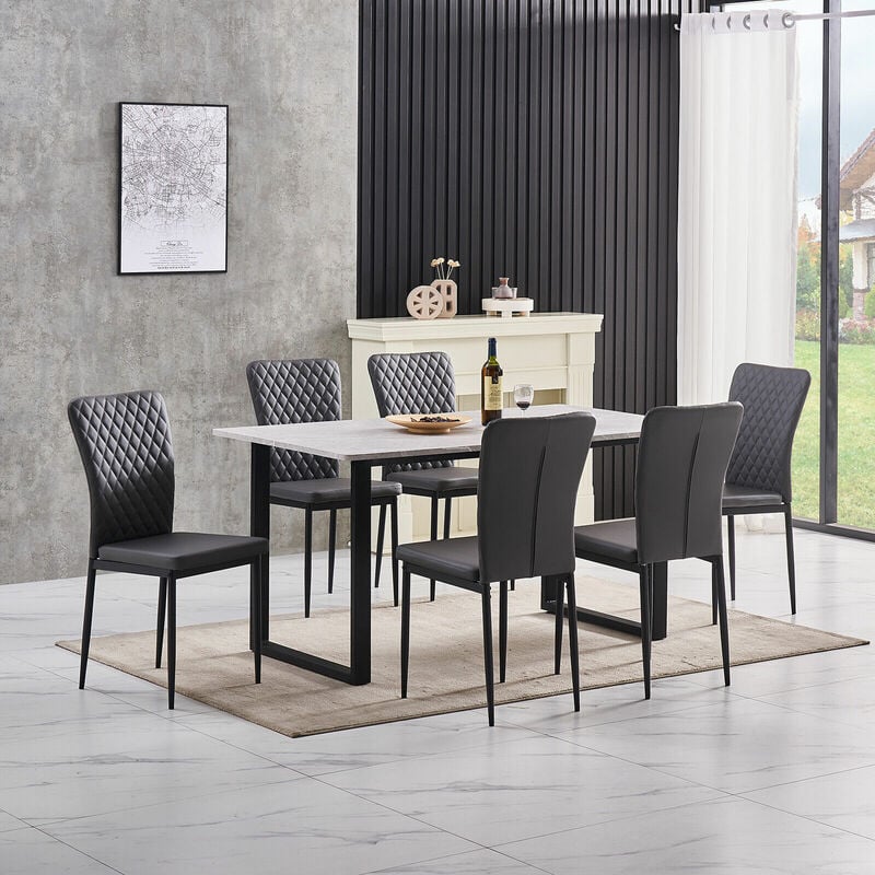 Grey Dining Table and Chairs 6 Set Dining Room Chair Kitchen Home Office(table+6 Grey pu chairs) - Ainpecca